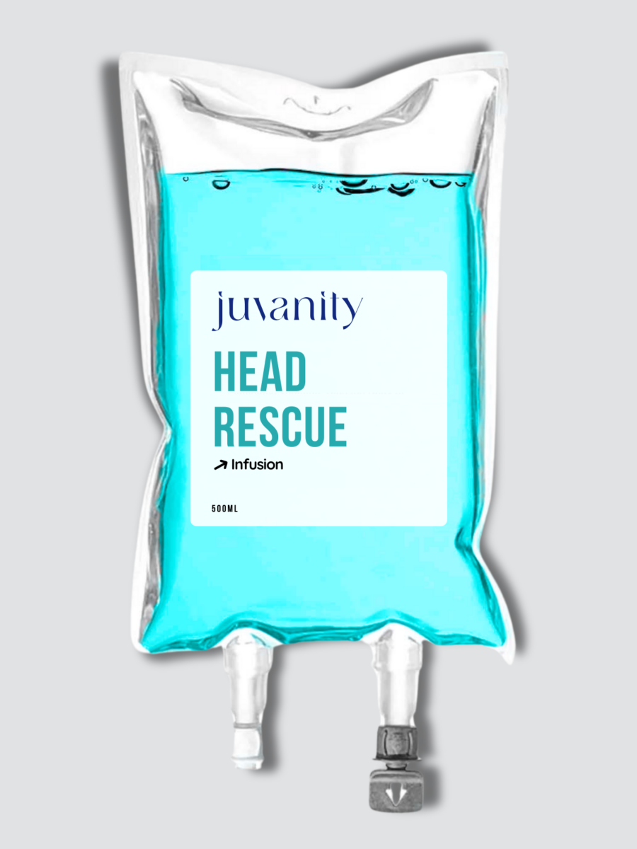 Head Rescue Infusionsbeutel zur Linderung von Kopfschmerzen und Migräne bei der Infusionstherapie in der Praxis Juvanity Lampertheim