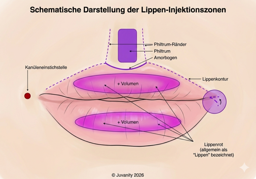 Schematische Darstellung der Lippen-Injektionszonen © Juvanity 2026