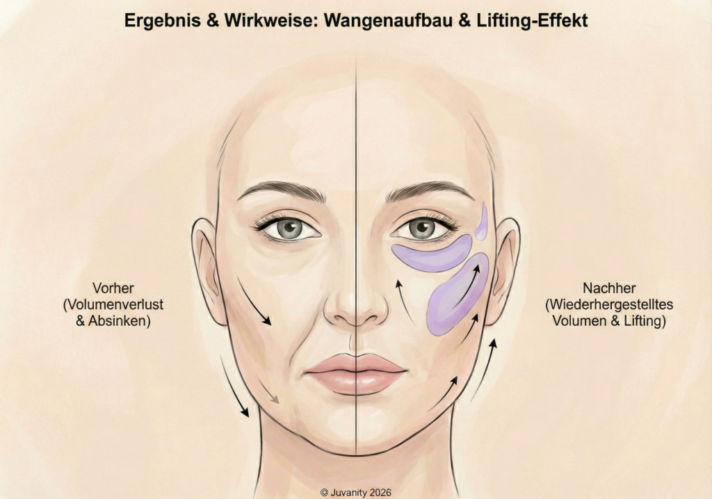 Schematische Darstellung der Wirkweise von Wangenaufbau und Lifting-Effekt © Juvanity 2026