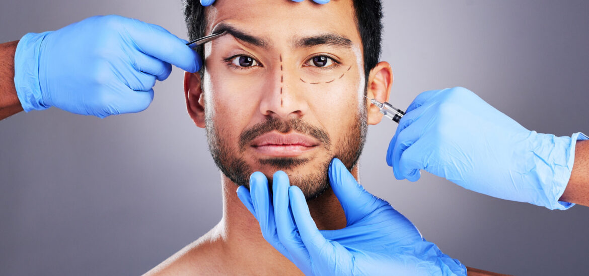 Plastic surgery, hands and drawing with filler portrait of man and surgeon for needle and syringe p.