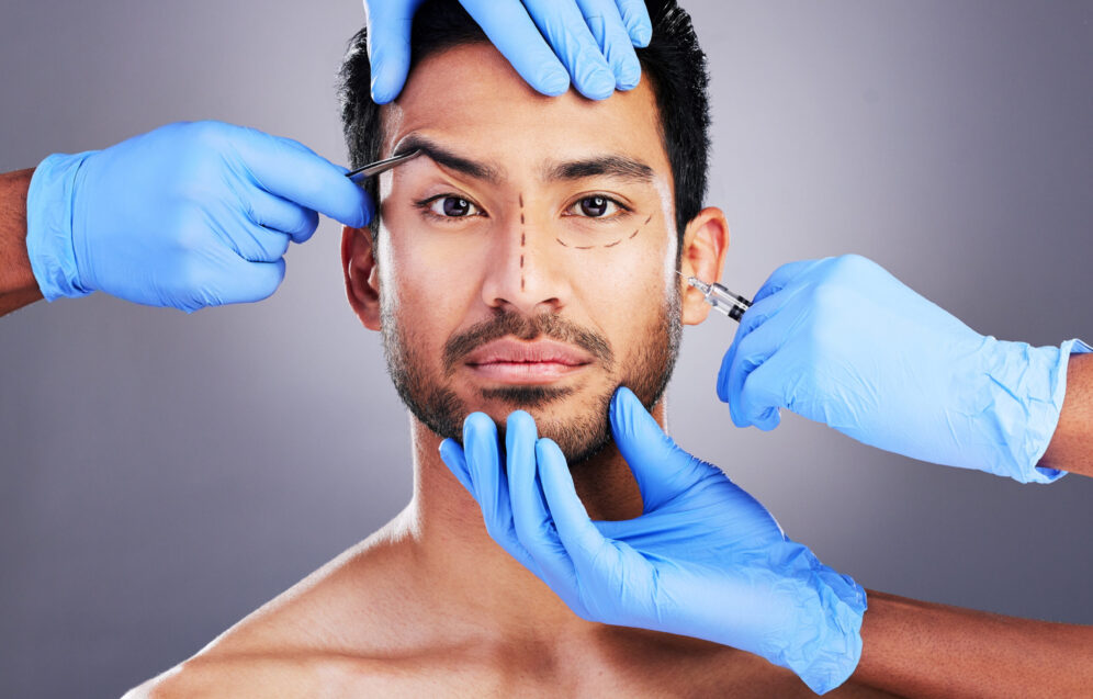 Plastic surgery, hands and drawing with filler portrait of man and surgeon for needle and syringe p.